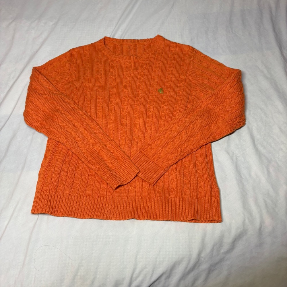 Lauren Ralph Lauren Kids M Orange Cable Knit Crew Neck Sweater Embroidered Logo
